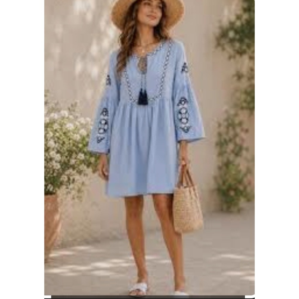 Women's Boho Embroidered Light Blue Peasant Mini Dress with Tassel Tie Neck Sz M